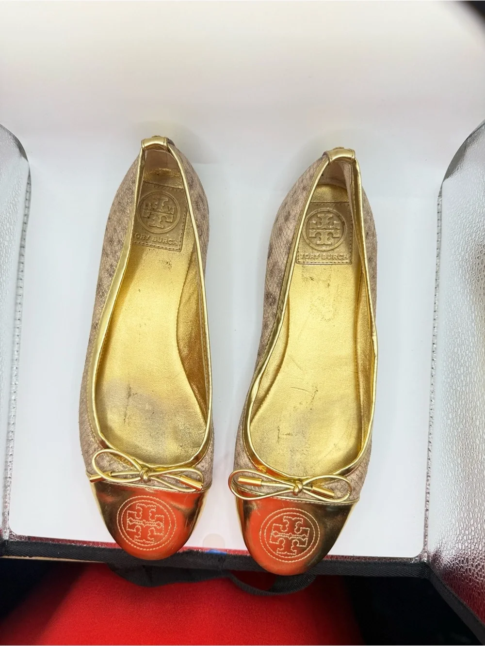 TORY BURCH Verbena Snake Embossed Leather/Gold Patent Ballet Flat Size 9